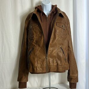 Lock & Love Women’s Size XL Brown Faux Leather Hoodie Insert Layered Jacket